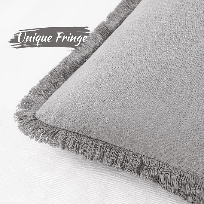 MIULEE Boho Linen Fringe Decorative Throw Pillow Covers Light Grey 20x20 | Set - Image 2