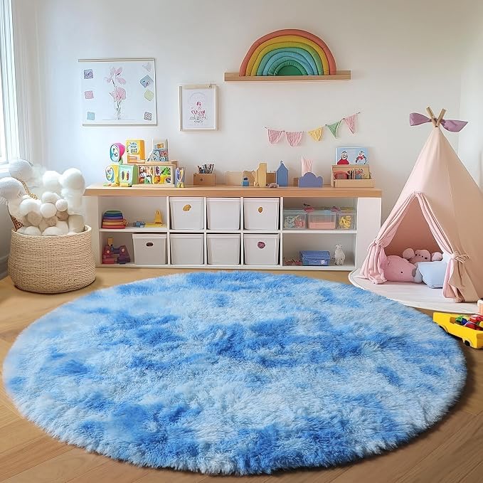 Round Rugs 6ft for Living Room Bedroom, Tie-Dye Blue Fluffy Circle Area Rug for - Image 3