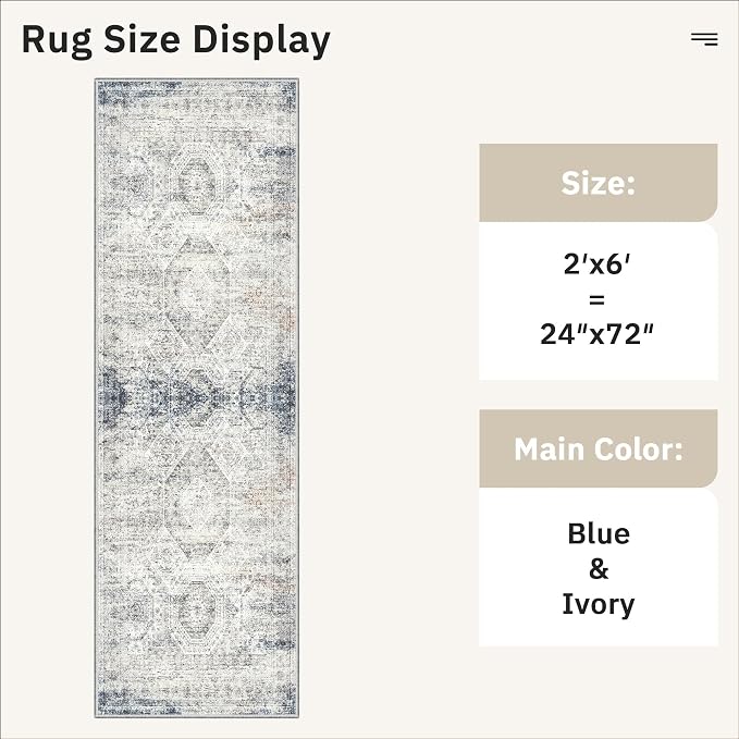 Soalmost Runner Rug 2x6 Washable Kitchen Hallway Runners Blue/Ivory | Non-Slip - Image 5