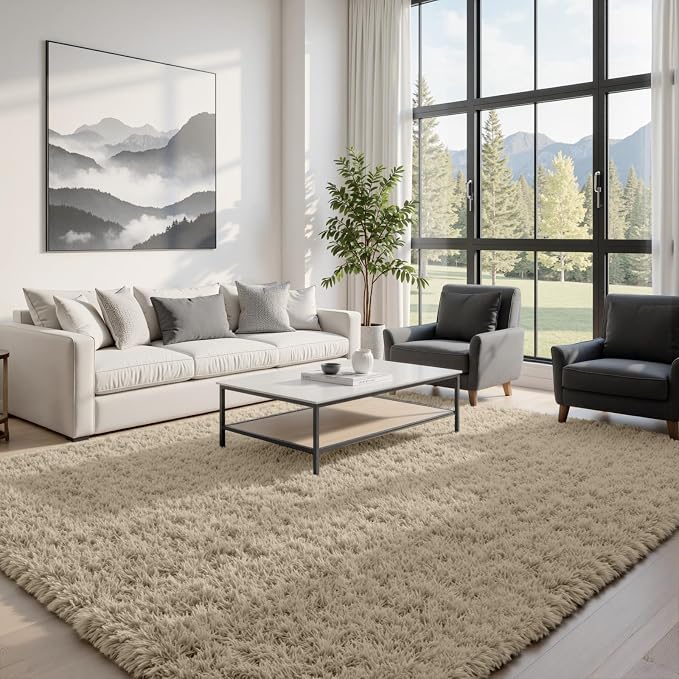 6x9 Fluffy Shag Area Rugs for Living Room Bedroom: Soft Carpet Gray Camel | by CarpetAddColortoYourLife