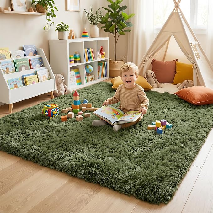 Amdrebio Olive Green Shag Plush Area Rug 4x6 - Image 5