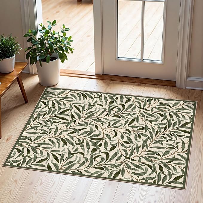 Front Door Mat Outside Entrance, 2x3 Boho Sage Olive Green Leaf Rug | Non-Slip by Othilic