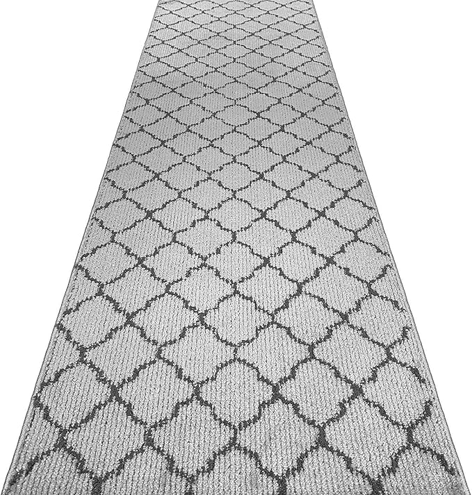 Custom Size Modern Runner Rug Carpet for Hallway Entryway Foyer Kitchen, Slip Resistant Latex Rubber Backed 31 inch Wide X Customized Length, Trellis Grey, 31 inch X 29 feet