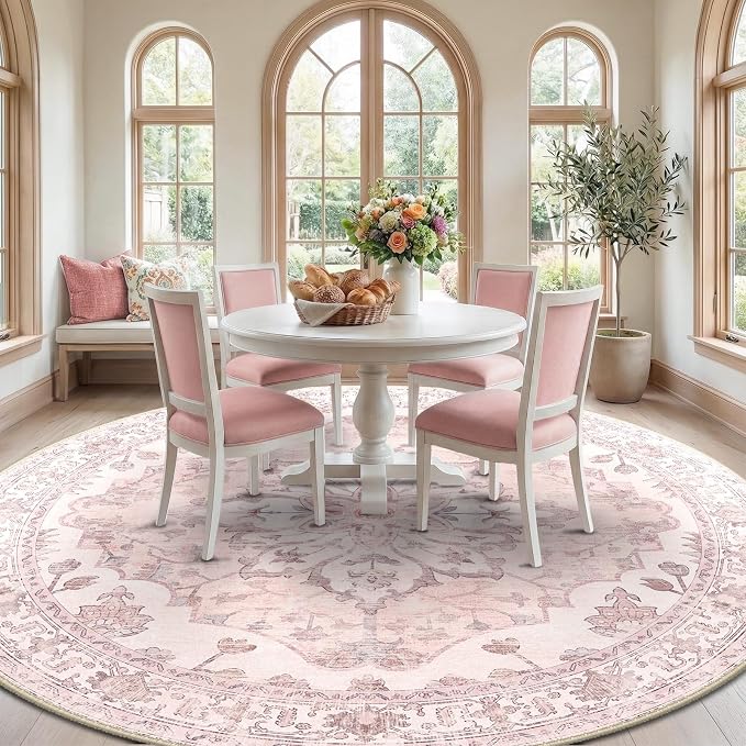 RELEANY Washable Area Rug, Round 8ft, Water Repellent, Pet Friendly, Vintage - Image 3