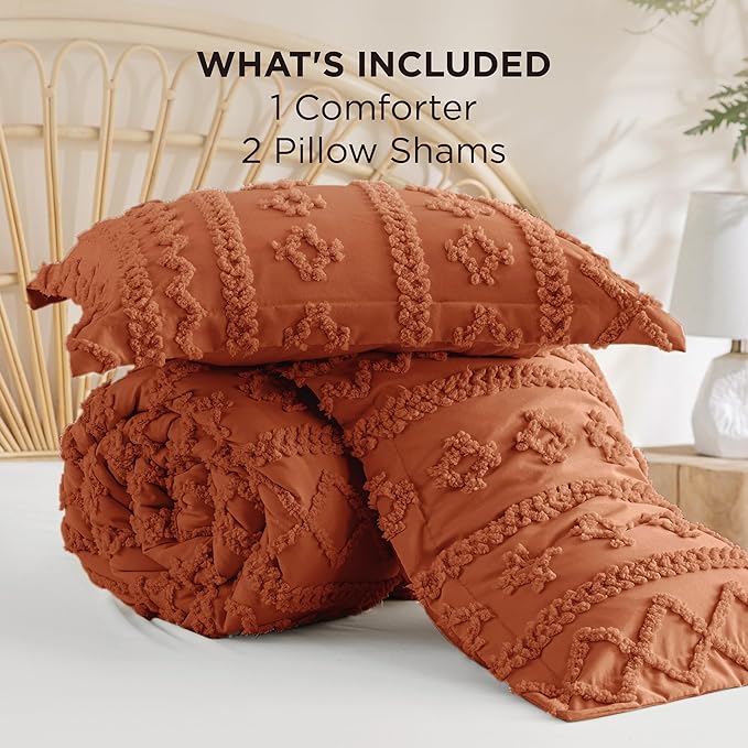 Bedsure Tufted Boho Comforter Set Queen Size - Terracotta Boho Bed Set, GentleSoft™ 3 Pieces Farmhouse Shabby Chic Embroidery Bedding, Gifts for Woman, Soft Jacquard Queen Comforter for All Seasons