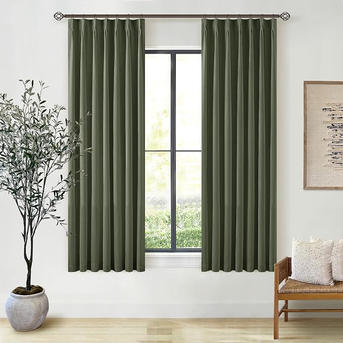 Olive Green 63 Inch Length Blackout Pinch Pleated Linen Curtains - Image 7