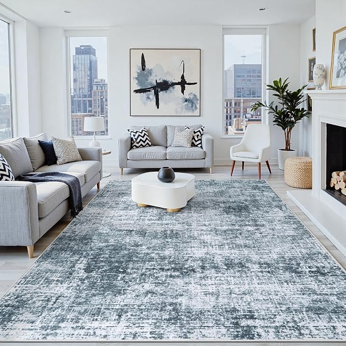 10x14 Area Rug for Living Room Bedroom: Non-Slip Modern Light Slate Blue | - Image 8