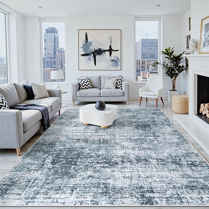 9x12 Area Rug for Living Room Bedroom: Non-Slip Modern Light Slate Blue | by Oriannal