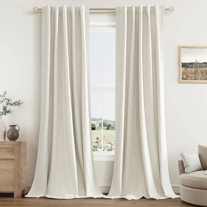 100% Blackout Linen Curtains for Bedroom 84 Inches Long Natural Cream Black Out by Guken