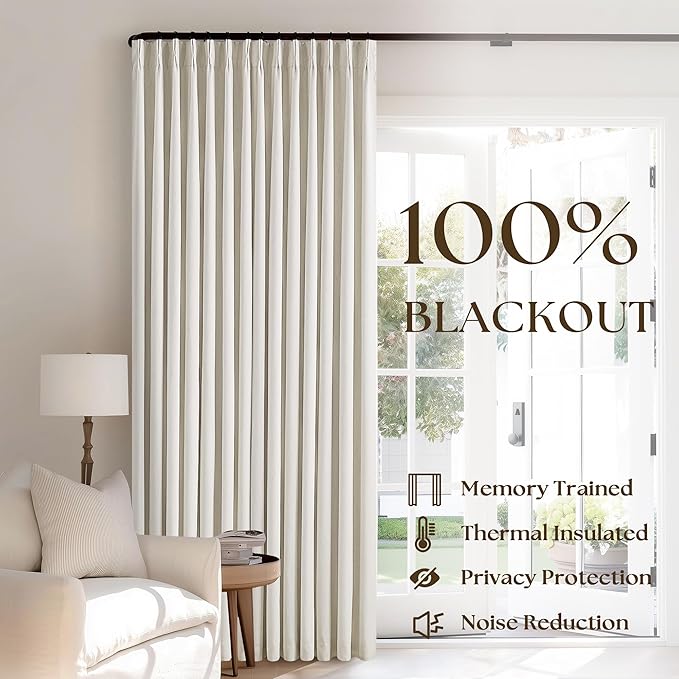 Natural Linen 100% Blackout Pinch Pleated Curtains 108 Inches Long 2 Panels | - Image 3