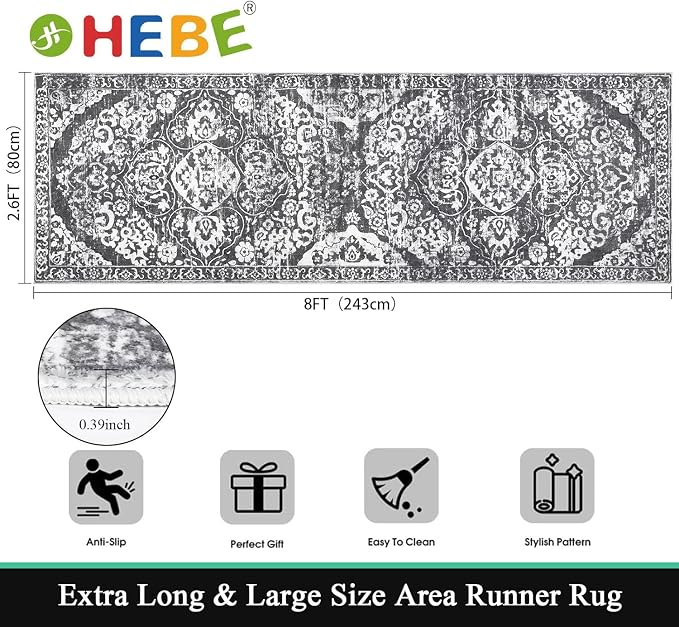 HEBE Hallway Runner Rug 2'8''x8', Washable Non Slip Kitchen Rug Runner | Soft - Image 2