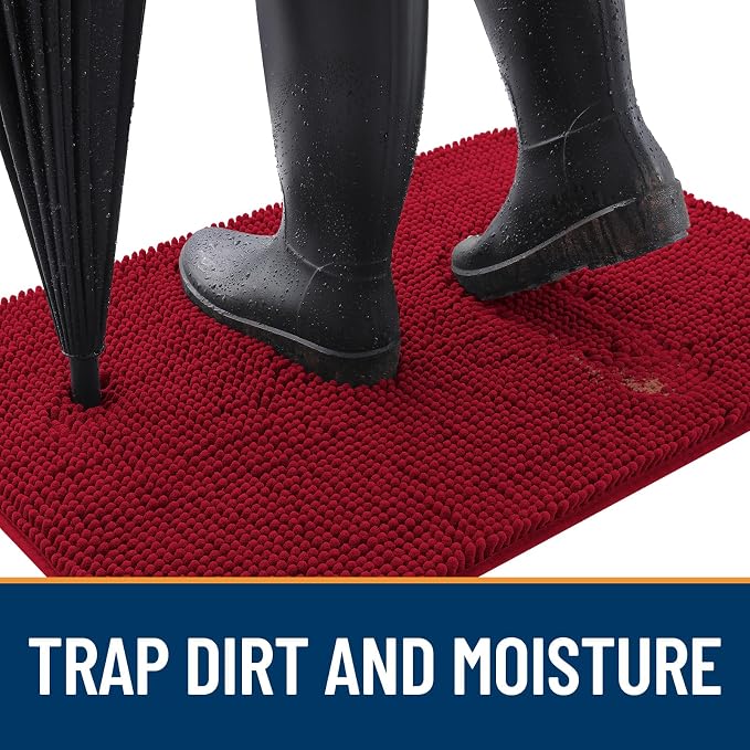 OLANLY Dog Door Mat for Muddy Paws 47x17, Super Absorbent Chenille Mud Mat | Red - Image 2