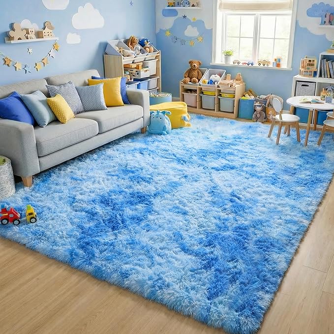 Tie-Dye Blue Rugs for Living Room Bedroom, Fluffy 5x8 Bedside Area Rug by ONASAR