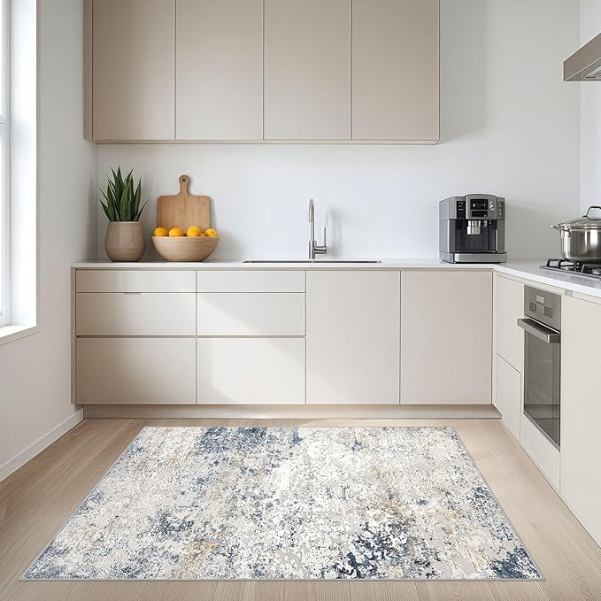 DMOYEST Area Rug Living Room Rugs 4x6 Washable Abstract Beige Blue Carpet | - Image 4