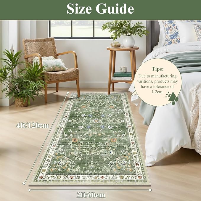 Yamaziot 2x4 Washable Hallway Runner Rug Non Slip Floral Carpet, Sage Green | - Image 2