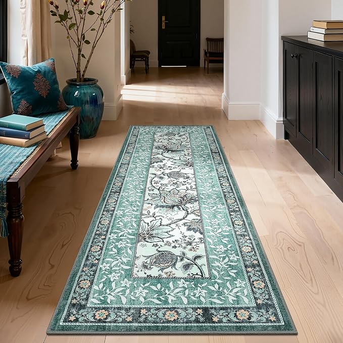 GarveeHome Teal 2x6 Washable Kitchen Runner Rugs Non Slip Provence Botanical by GarveeHome
