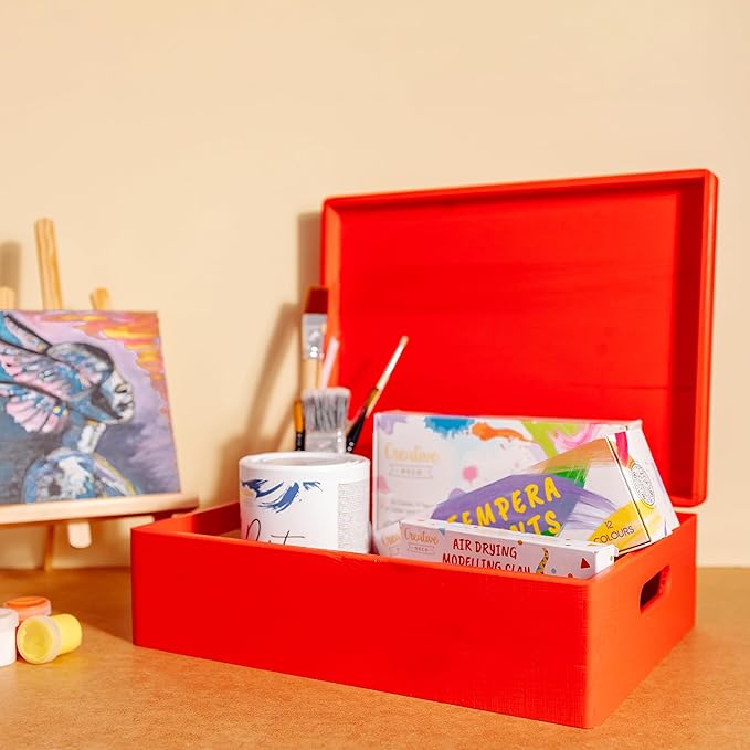XL Red Wooden Box Storage with Hinged Lid | 15.8 x 11.8 x 5.5 inches (+-0.5) | with Handles | Gift Box Storage Document | Product NOT Intended for 15 Years OR Below