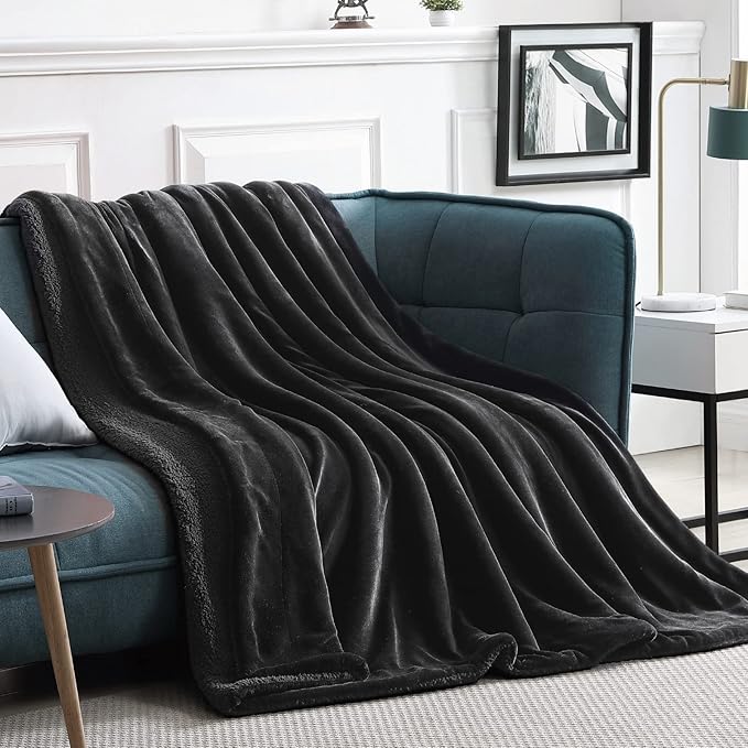 Walensee Sherpa Fleece Blanket (Queen Size 90”x90” Black) Plush Throw Fuzzy Super Soft Reversible Microfiber Flannel Blankets for Couch, Bed, Sofa Ultra Luxurious Warm and Cozy for All Seasons