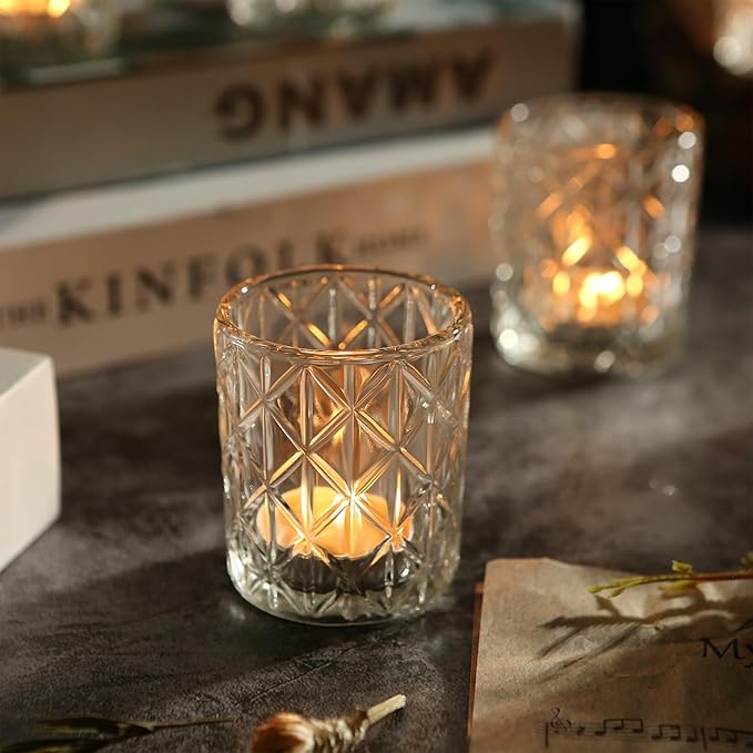 48 Pack Clear Votive Candle Holders, Vintage Glass Candle Holder for Floating Candle, Tealight Candle Holder for Table Centerpieces Home Bridal Shower Birthday Christmas Wedding Table Decor(48)