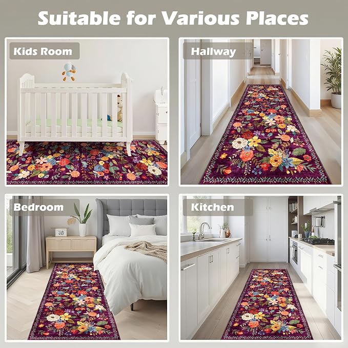 Purple Hallway Runner Rug 2x6 for Kitchen Bathroom | Rubber Backing; Non Slip; - Image 4