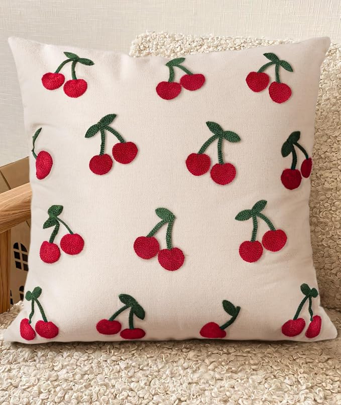 Embroidered Throw Pillow Cover 18x18 Inch, Little Cherry | Decorative Pillow by Kokaaee