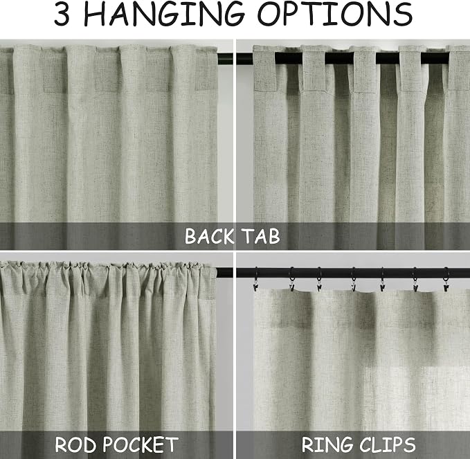 Sage Green Semi Sheer Curtains 108 Inches Long 2 Panels Set Back Tab Loop - Image 3