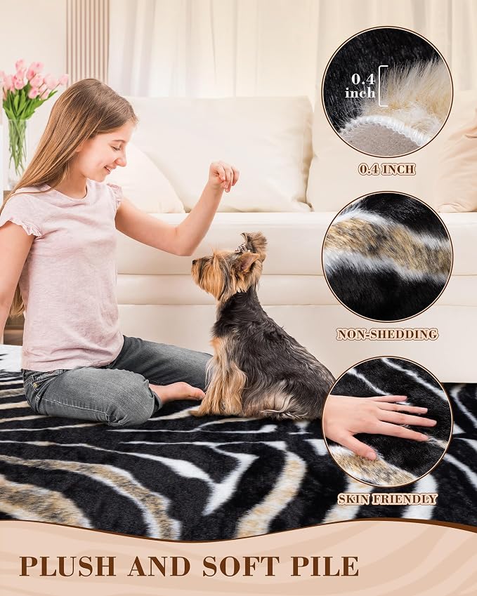 Zebra Print Rug for Living Room, Faux Fur Zebra Hide 6.2x8.2 Feet Animal Skin - Image 2