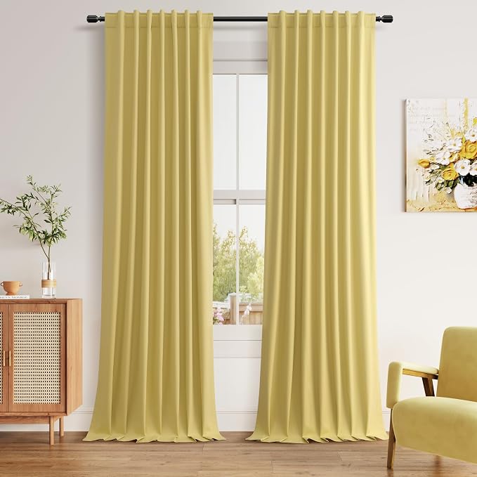 Yellow 100% Blackout Linen Curtains 96 Inch Length 2 Panels Set by Guken