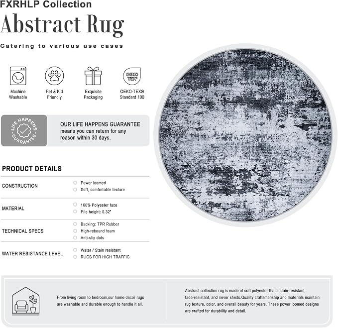Round Area Rug Living Room: 4 ft Modern Washable Carpet Black | - Image 2
