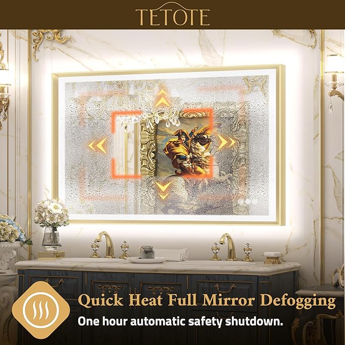 TETOTE Gold LED Bathroom Mirror with Lights 55x36 Front & Back Light Vanity Framed Mirror Baroque Anti Fog Dimmable White/Warm/Natural,CRI90+,Waterproof,Wall Mounted(Horizontal/Vertical)