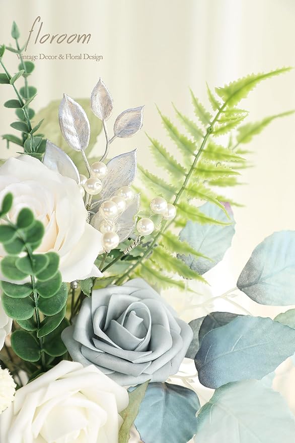 Floroom Artificial Greenery Stems Box Set, 36pcs with 7 Kinds of Faux Greenery Flowers Picks for DIY Bridal Bouquets Wedding Floral Arrangement Table Centerpieces, Dusty Blue & Silver