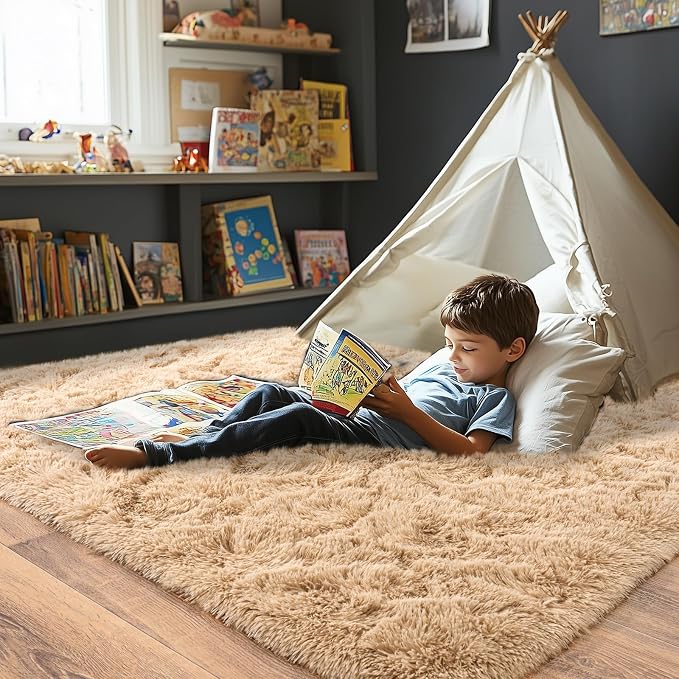 Pionblank Fluffy Area Rug for Bedroom 4x6, Indoor Plush Carpet, Camel | Shag - Image 3