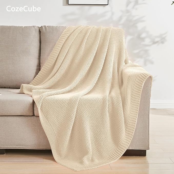 CozeCube Light Beige Seed Stitch Throw Blanket 60"x80", Farmhouse Decor | - Image 4