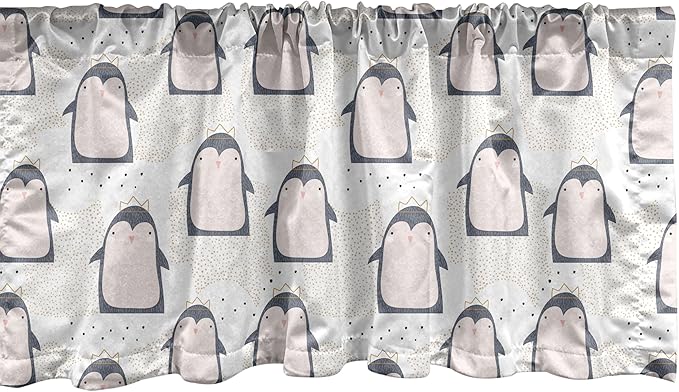 Ambesonne Penguin Window Valance Pack of 2, Pastel Colored Style Cartoon Animals from Antarctica Crowns on a Dotted Background, Rod Pocket Curtain Valances for Kitchen Bedroom, 42" X 18", Grey Pink
