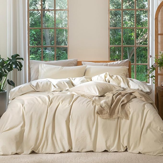 MooMee Bedding Duvet Cover Set 100% Washed Cotton Linen Like Textured Breathable Durable Soft Comfy (Heathered Almond Milk Grey, King 104"x90")