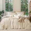 MooMee Bedding Duvet Cover Set 100% Washed Cotton Linen Like Textured Breathable Durable Soft Comfy (Heathered Almond Milk Grey, Oversized Full 82"x86")