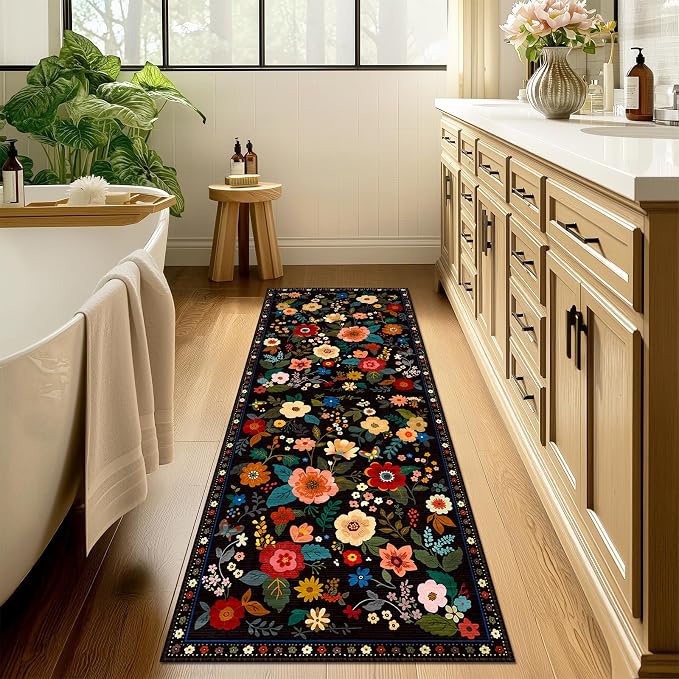 Floral Washable 2x10 Area Rugs Runner Entryway Hallway Black | Flower Carpet - Image 9