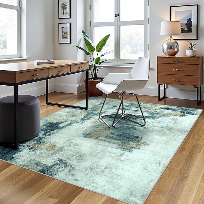 5x7 Area Rugs for Living Room Washable Bedroom Dining Room Teal Grey Gold | - Image 3