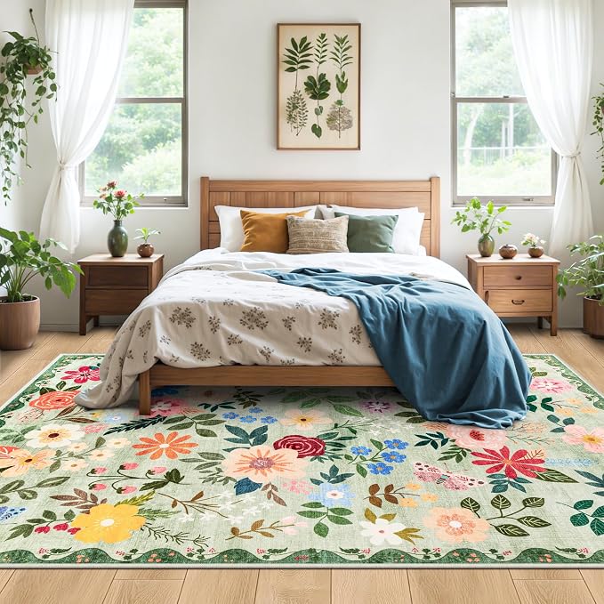 PLHXFR Area Rug Living Room: 4x6 Floral Washable Boho Soft Carpet Green | - Image 3
