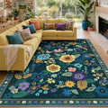 RELEANY Floral Washable 8x10 Area Rugs Teal/Purple | Flower Carpet Print Boho by RELEANY