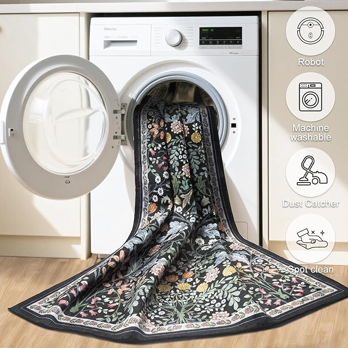 PLHXFR 2.6x8 Washable Runner Rug：Floral Indoor Kitchen Carpet Dark Black | - Image 7