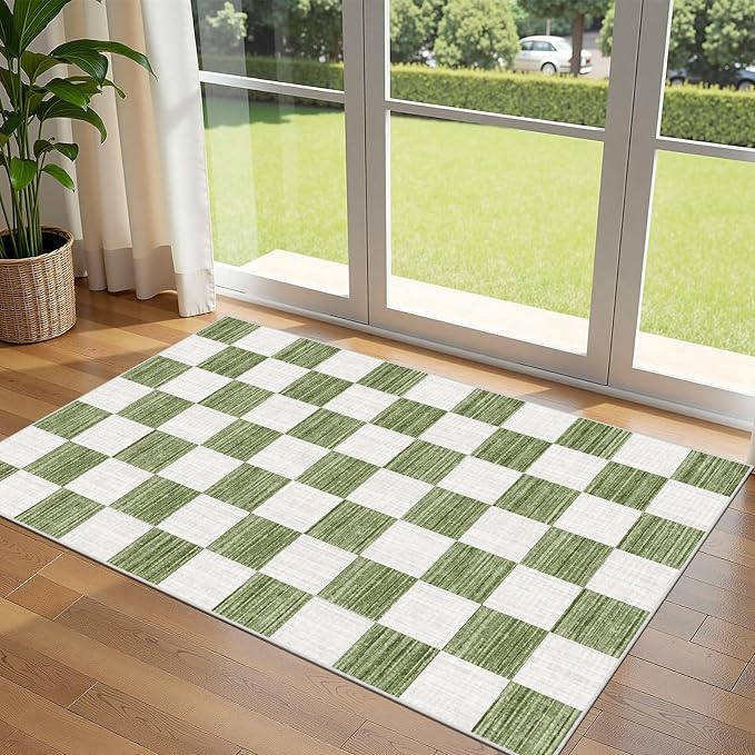 Green White Checkered Entry Rug by Othilic