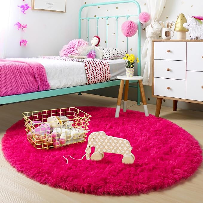 Amdrebio Hot Pink Shaggy Small Round Rug 3Ft - Image 2