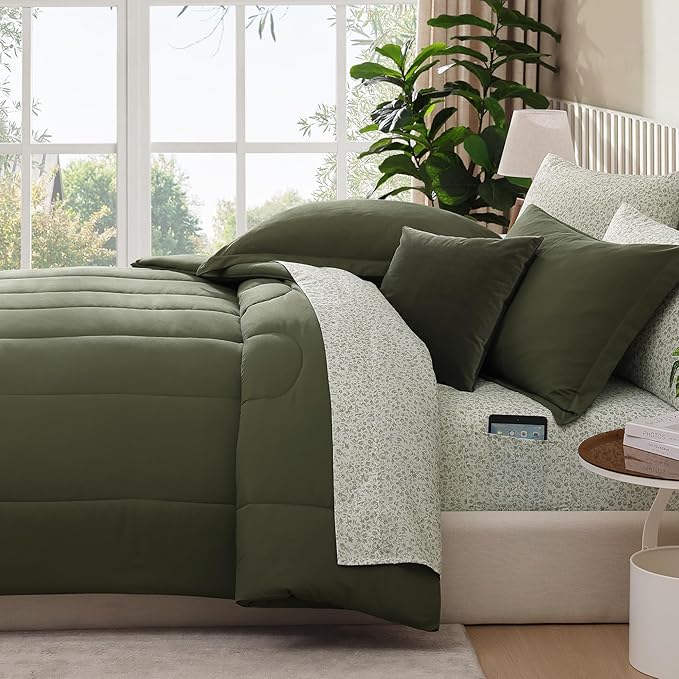 Monbix Queen Comforter Set - 7 Pieces Olive Green Bed in a Bag Queen Track Stitching Bedding Sets, All Seasons Down Alternative Comforter Bed Set with Sheets,Pillowcases & Shams