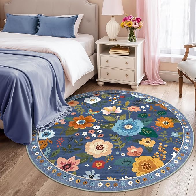 RELEANY Floral Washable Round 8ft Area Rug Blue/Grey | Flower Carpet Print Boho - Image 8