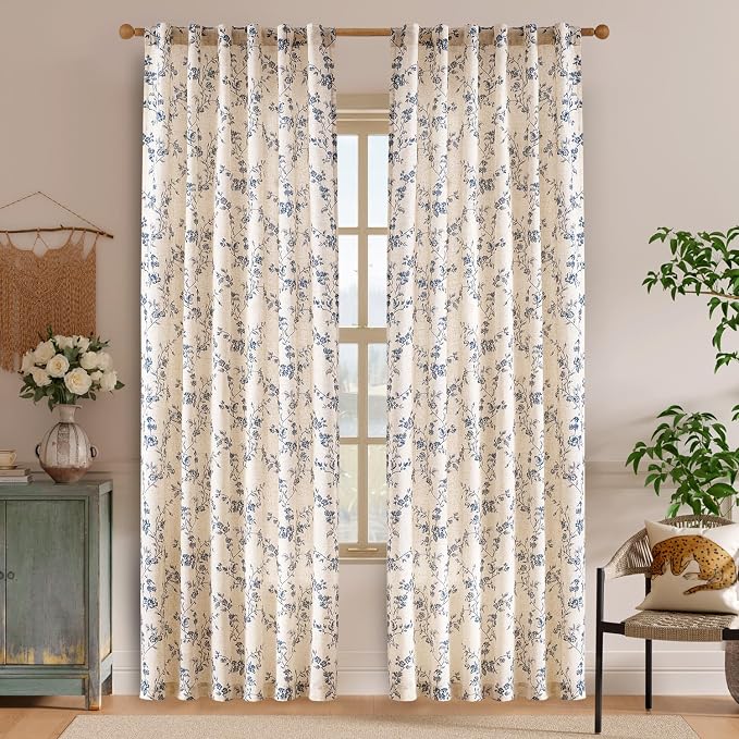 Blue Vintage Floral Linen Curtains Farmhouse 50W X 84L 2 Panels | Elisa Series - Image 2