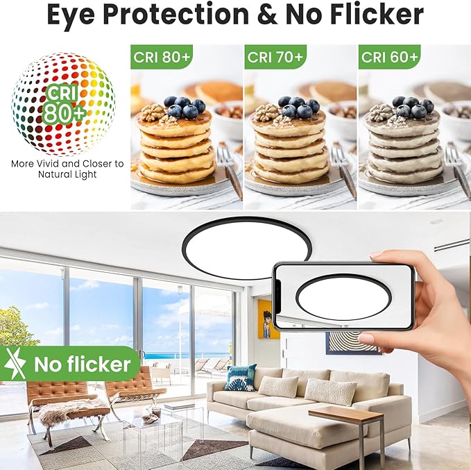 zemty 20 inch LED Flush Mount Ceiling Light, 50W 5000lm Large Light Fixture, 3 Color Temperature in One 3000k 4500k 6000K Round Modern Ceiling Lamp for Bedroom Kitchen Dining Room (Black)