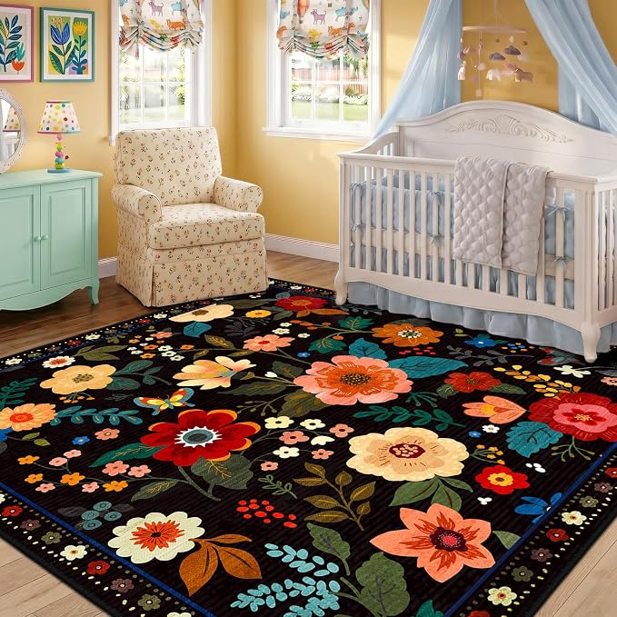 RELEANY Floral Washable Square 5ft Area Rug Black | Flower Carpet Print Boho - Image 6