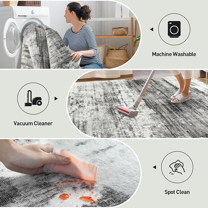 10x14 Area Rugs for Living Room: Washable Abstract Black Grey Carpet | Non-slip - Image 6