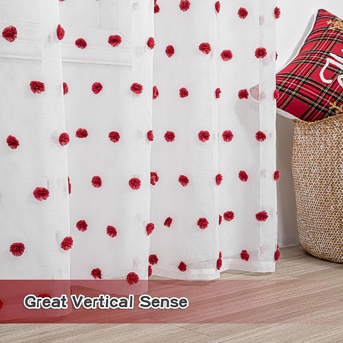 MYSKY HOME Pom Pom Curtains for Girls Bedroom 63 Inch Long Red Nursery Curains for Kids Room Sheer Curtains for Christmas Living Room Playroom Rod Pocket Window Drapes 52" x 63" Set of 2
